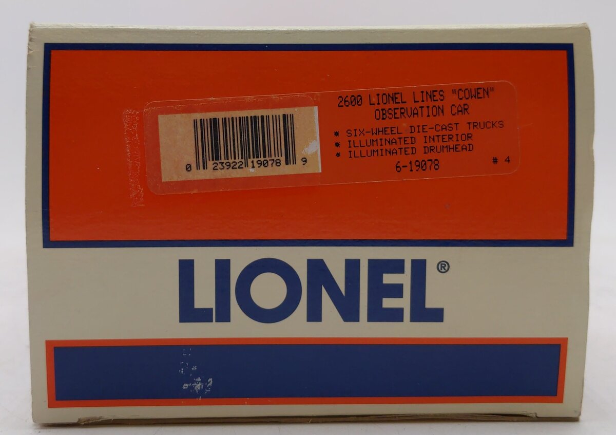 Lionel 6-19078 O Gauge Lionel Lines "Cowen" 2600 Observation Car EX/Box