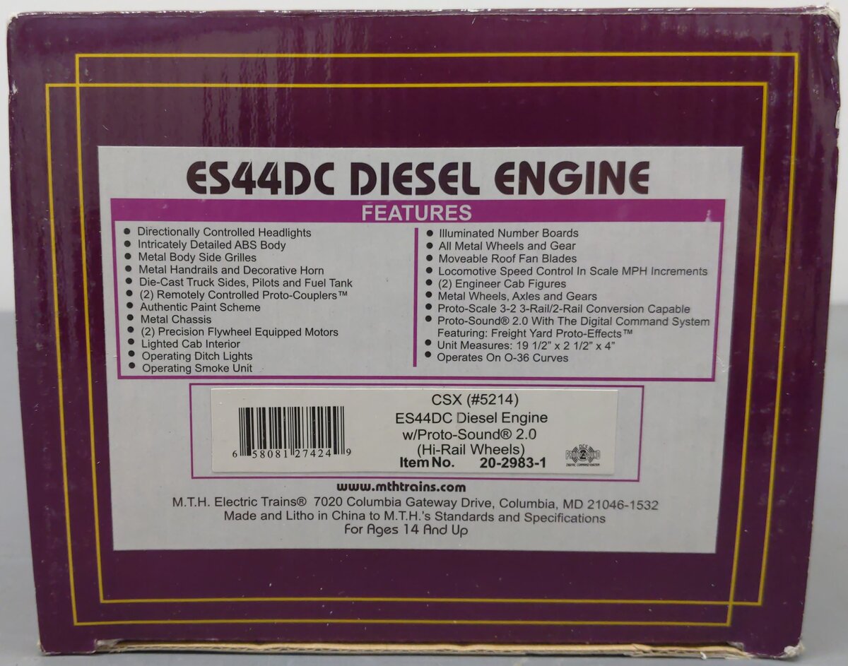MTH 20-2983-3 CSX ES44DC Non-Powered Diesel Engine #5214 EX/Box