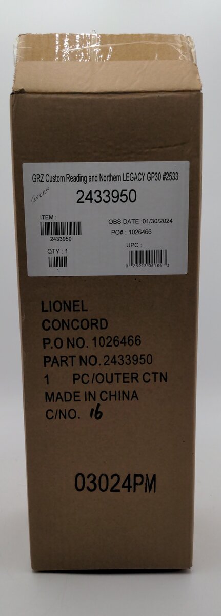 Lionel 2433950 O Gauge GRZ Custom Reading and Northern Legacy GP30 #2530 EX/Box