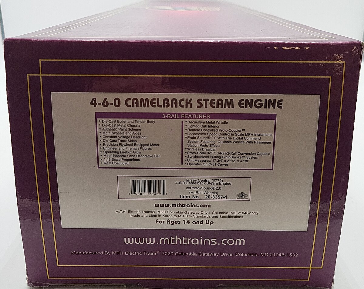 MTH 20-3357-1 O Scale Jersey Central 4-6-0 Camelback w/PS2 (Hi-Rail Wheels) #779 LN/Box