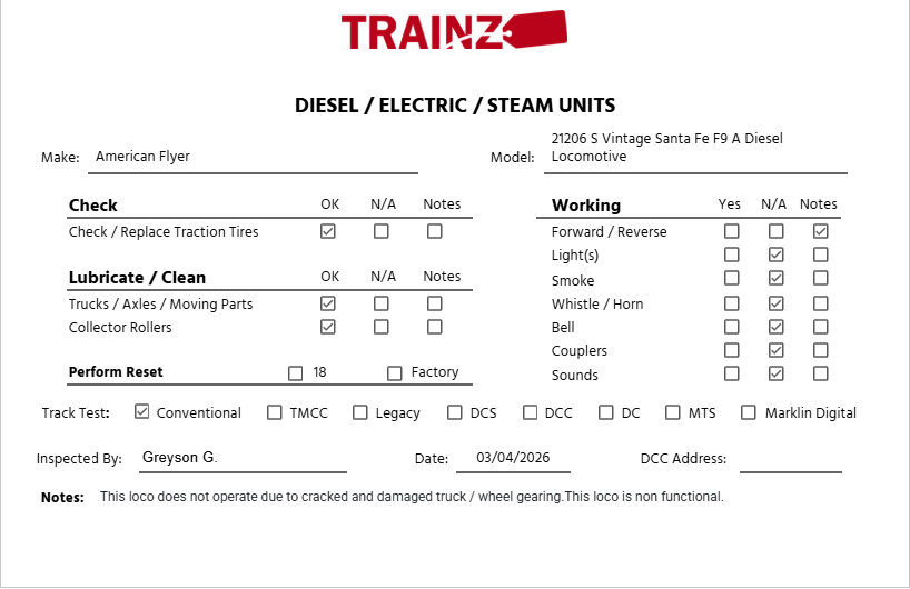 American Flyer 21206 S Vintage Santa Fe F9 A Diesel Locomotive VG
