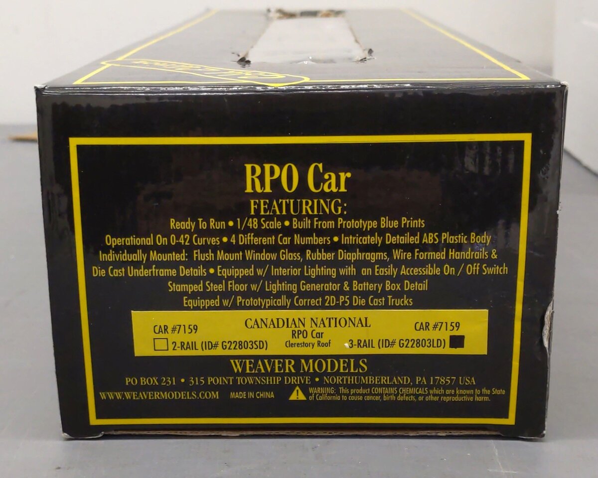 Weaver G22803LD O Gauge Canadian National RPO Passenger Car #7159 (3-Rail) LN/Box