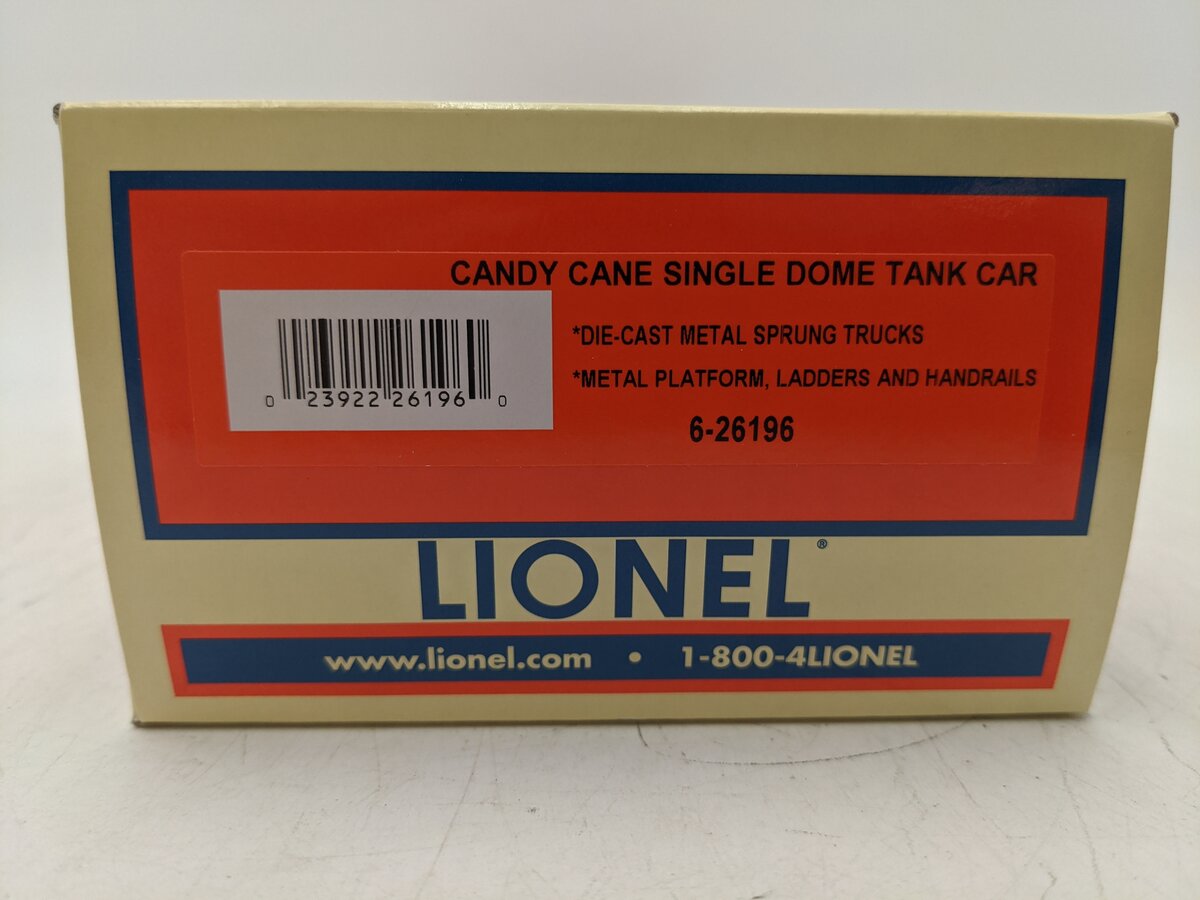 Lionel 6-26196 O Gauge Candy Cane Single Dome Tank Car EX/Box