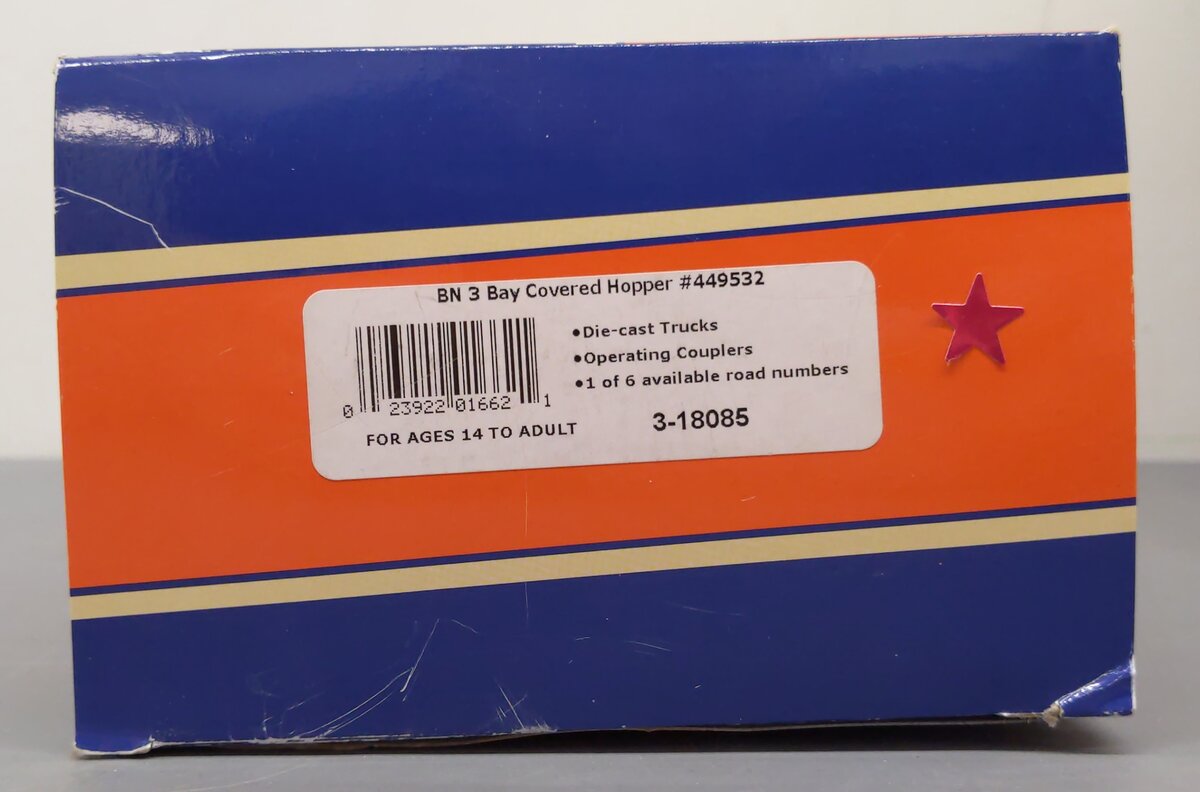 Lionel 3-18085 O Gauge Burlington Northern 3-Bay Covered Hopper #449532 LN/Box