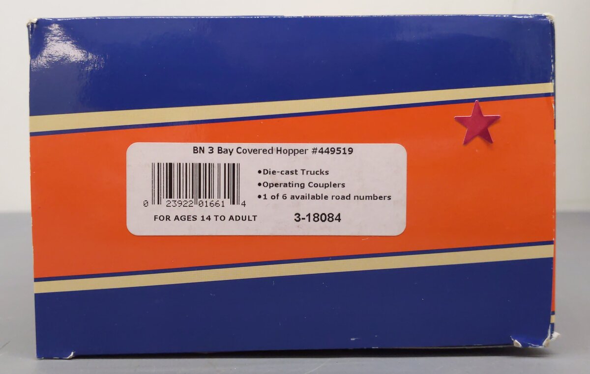 Lionel 3-18084 O Gauge Burlington Northern 3-Bay Covered Hopper #449519 LN/Box