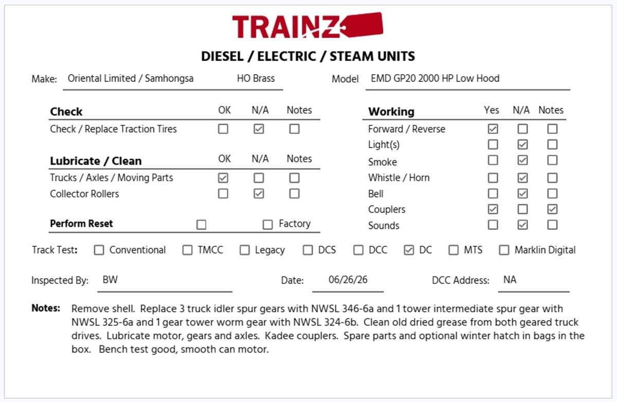 Oriental Limited HO BRASS EMD GP20 2000HP Low Hood Diesel Locomotive - Unpainted EX/Box