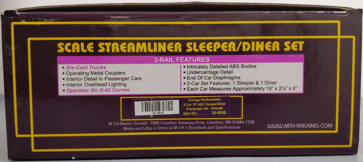 MTH 20-6636 O Gauge C&NW 70' Streamlined Sleeper/Diner Passenger Car Set LN/Box