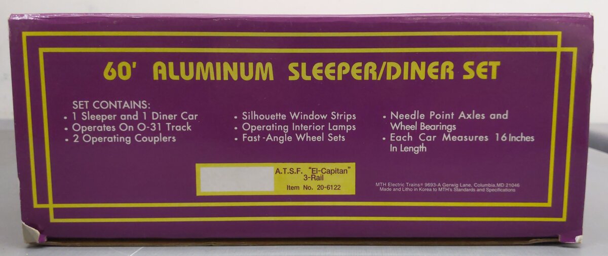 MTH 20-6122 O Gauge AT&SF "El Capitan" Sleeper/Diner Aluminum Passenger Car Set EX/Box