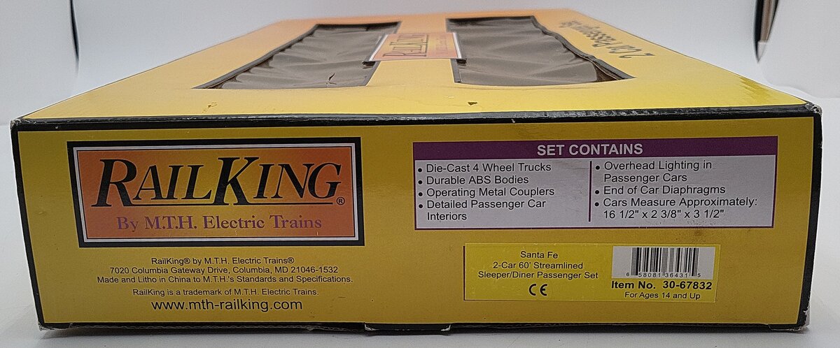 MTH 30-67832 O Gauge Santa Fe 60' Streamlined Sleeper/Diner 2-Car Passenger Set EX/Box