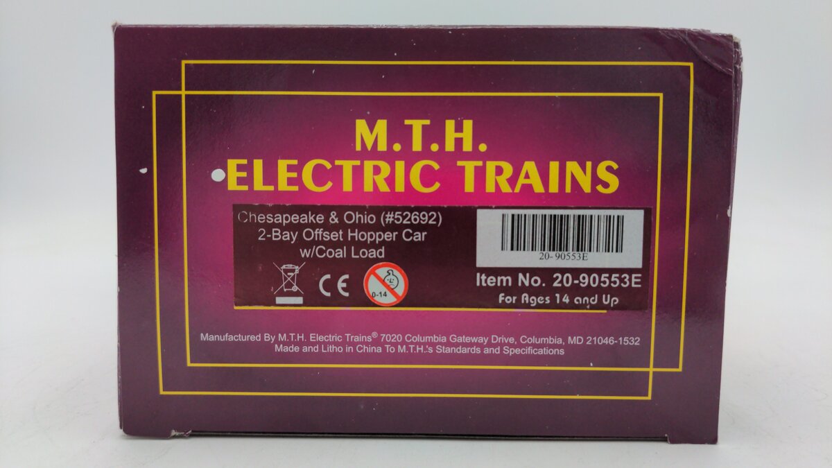 MTH 20-90553E O Gauge Chesapeake & Ohio 2 Bay Offset Hopper Car #52692 EX/Box