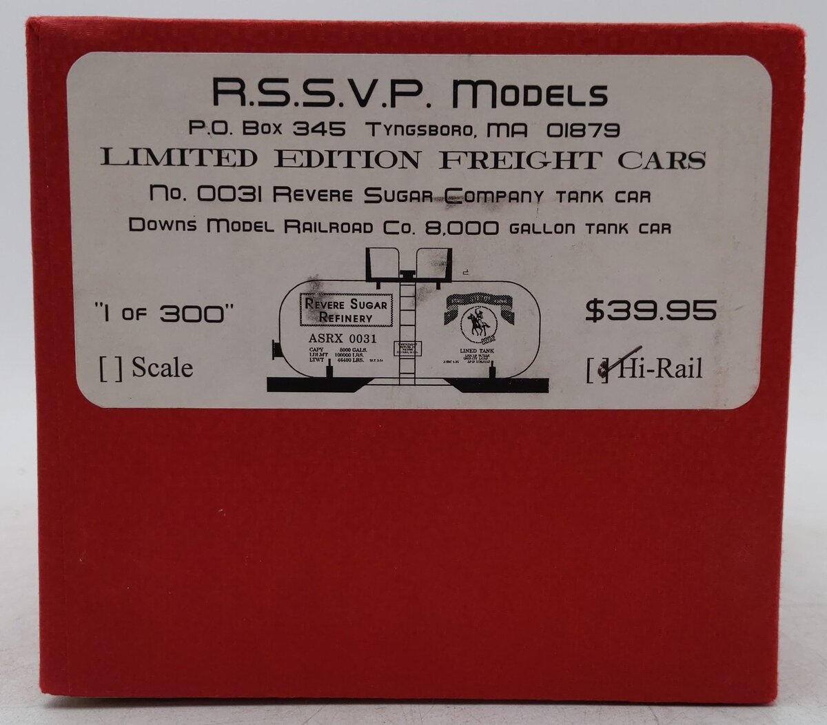 RSSVP Models 0031 S Scale Revere Sugar Co. 8,000 Gal Tank Car VG/Box