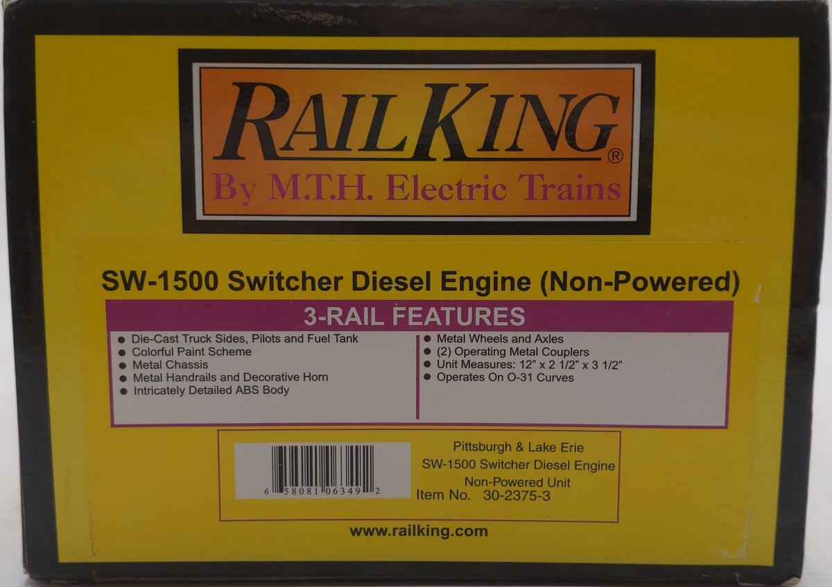 MTH 30-2375-3 O Pittsburgh & Lake Erie SW-1500 Non-Powered Diesel Switcher #1567 EX/Box