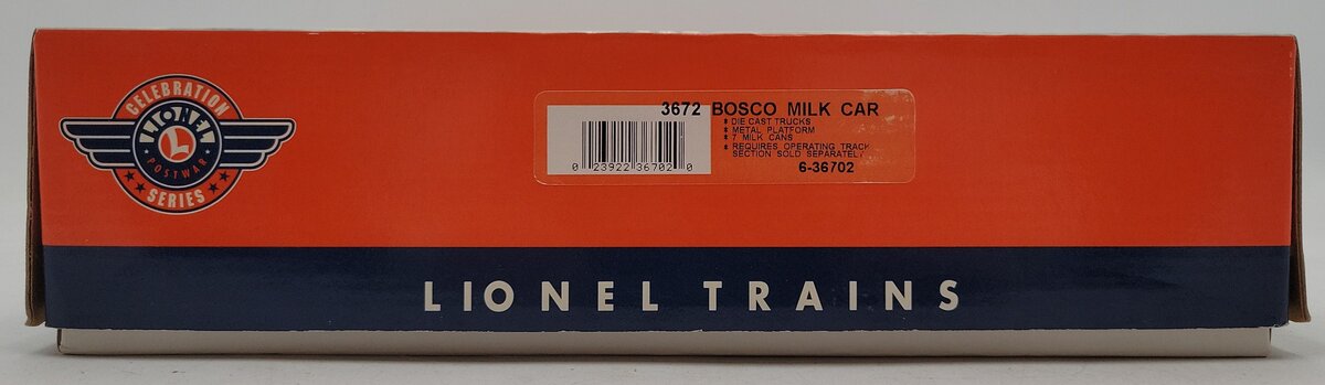 Lionel 6-36702 O Gauge Postwar Celebration Operating Bosco Milk Car EX/Box