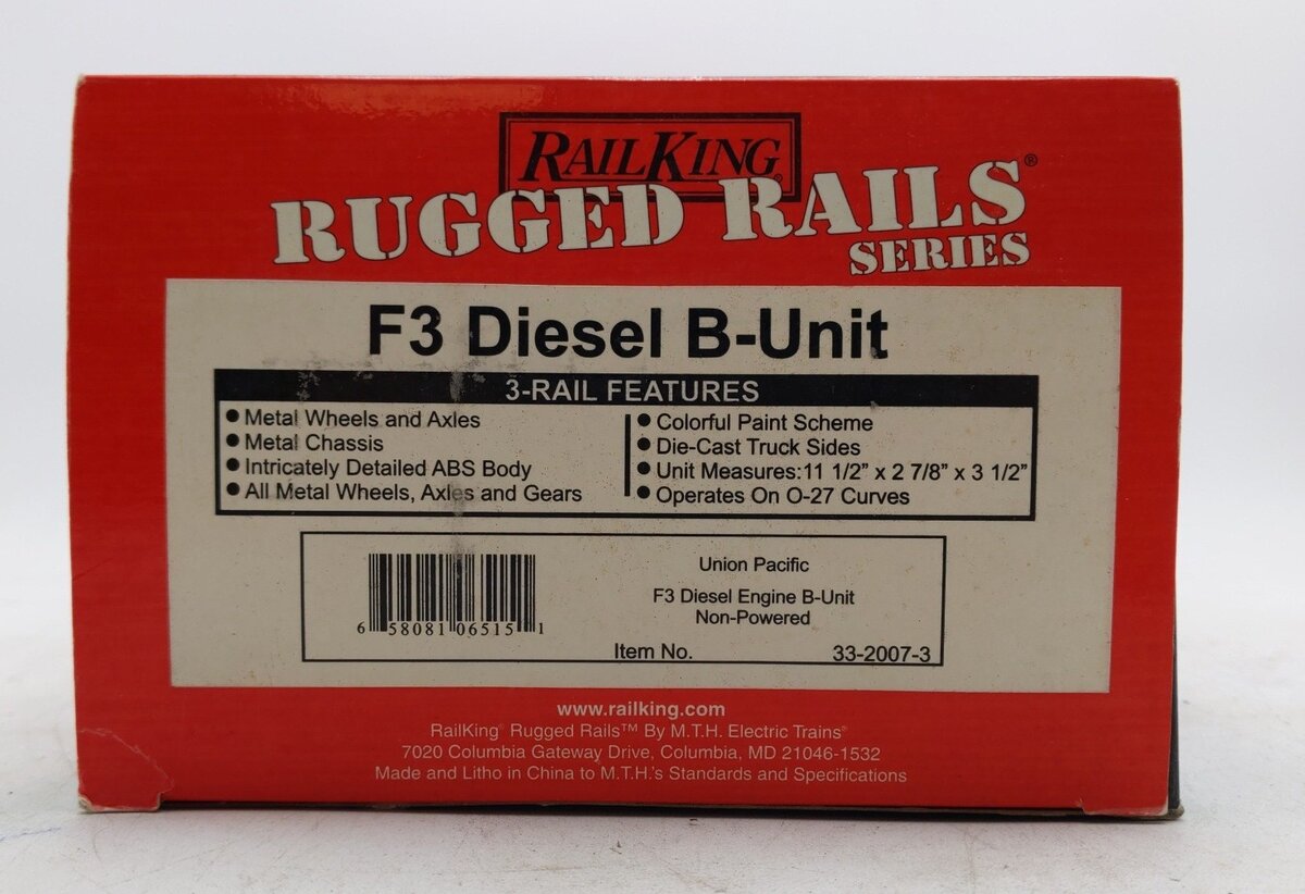 MTH 33-2007-3 O Gauge Union Pacific F-3 B Unit Non-Powered Diesel Engine #1458B LN/Box