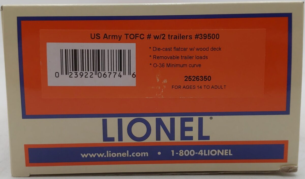 Lionel 2526350 O US Army TOFC Flatcar with 2 Trailers #39500 EX/Box
