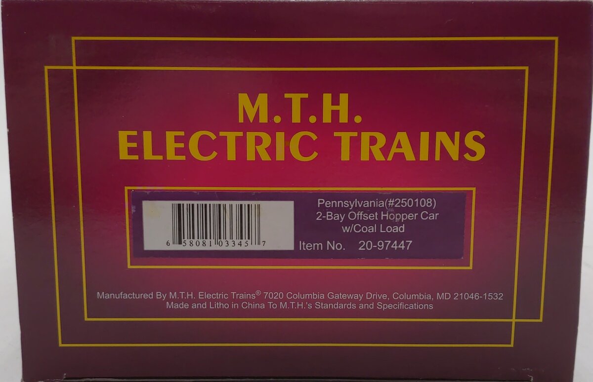MTH 20-97447 O Gauge Pennsylvania 2-Bay Hopper Car with Coal Load #250108 LN/Box