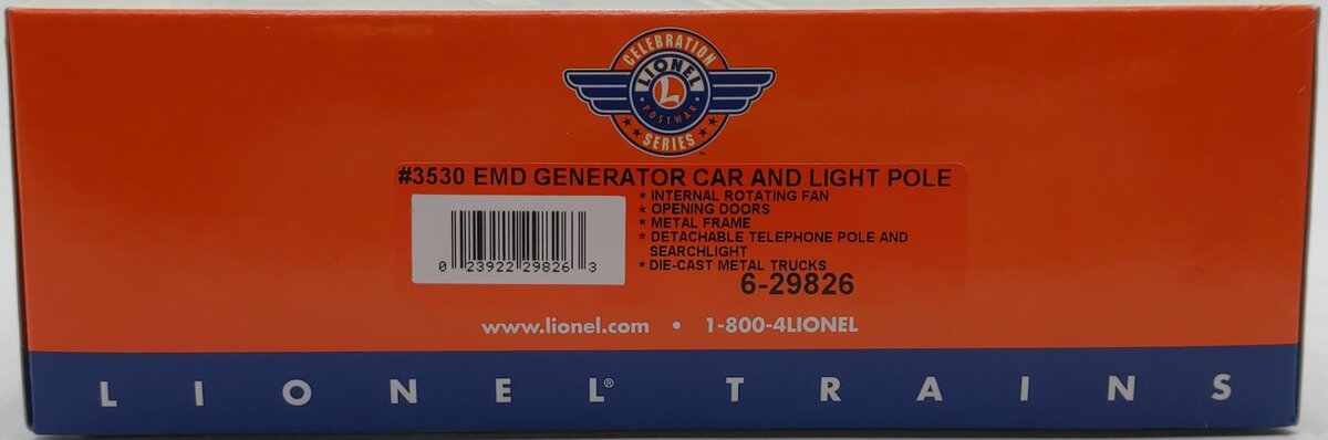 Lionel 6-29826 PWC 3530 O Gauge EMD Generator Car & Light Pole LN/Box