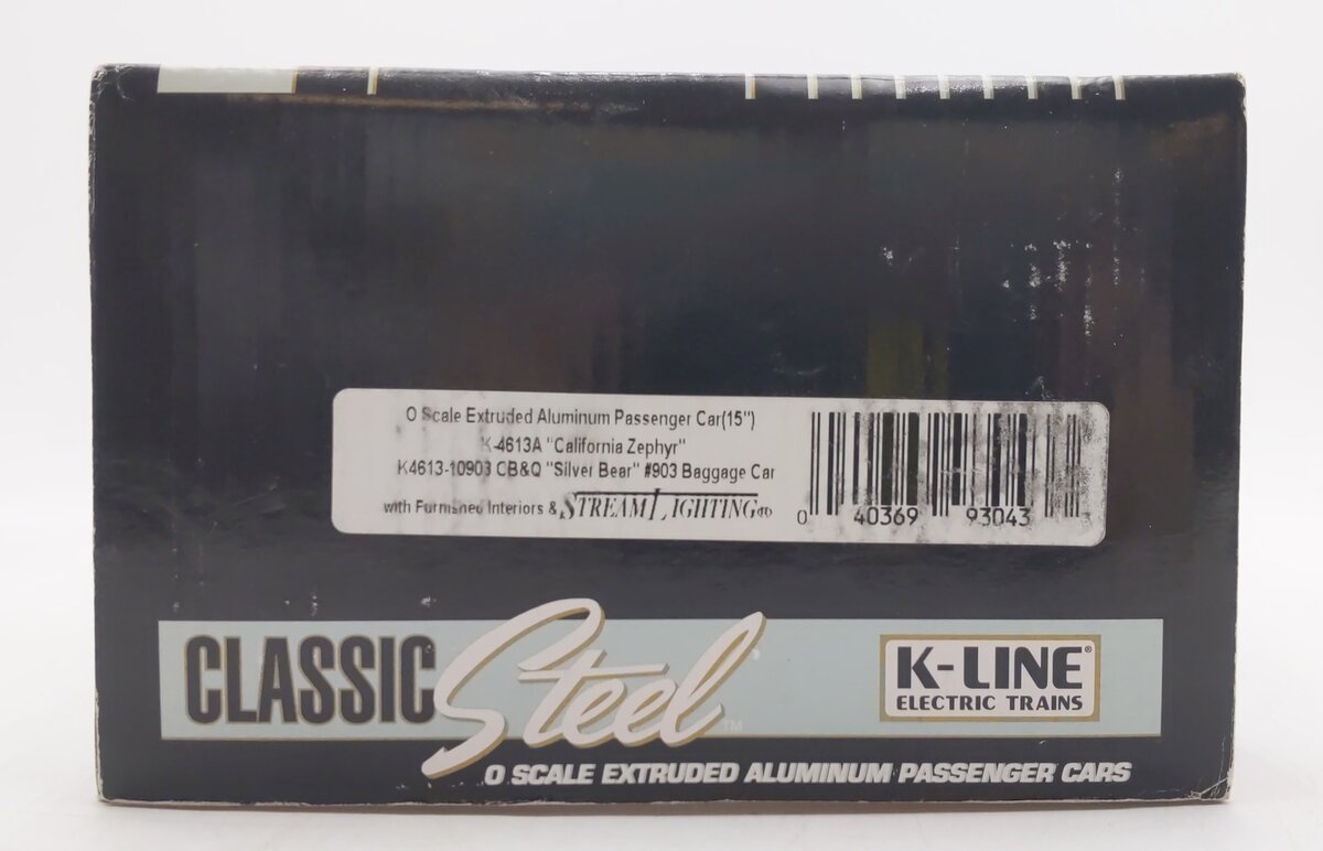 K-Line K4613-10903 O CB&Q California Zephyr Silver Bear 15" Aluminum Baggage Car EX/Box