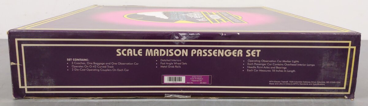 MTH 20-4021 O Gauge Jersey Central 70' Madison Passenger Car Set (Set of 5) EX/Box