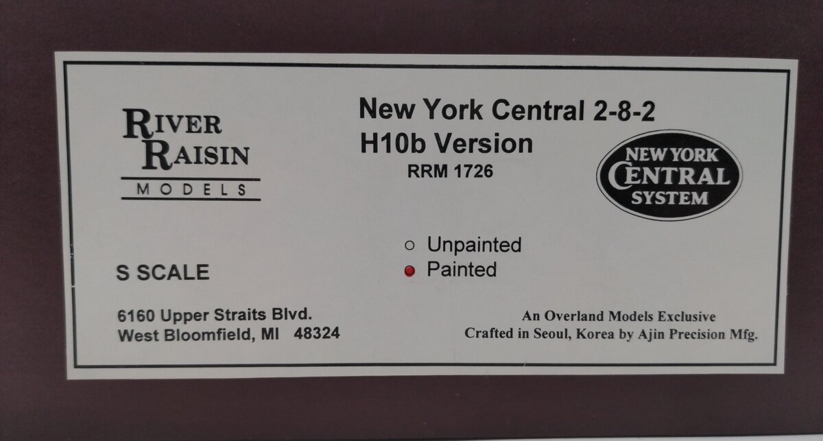 River Raisin Models 188321 S Scale New York Central Brass Loco & Tender #2342 EX/Box