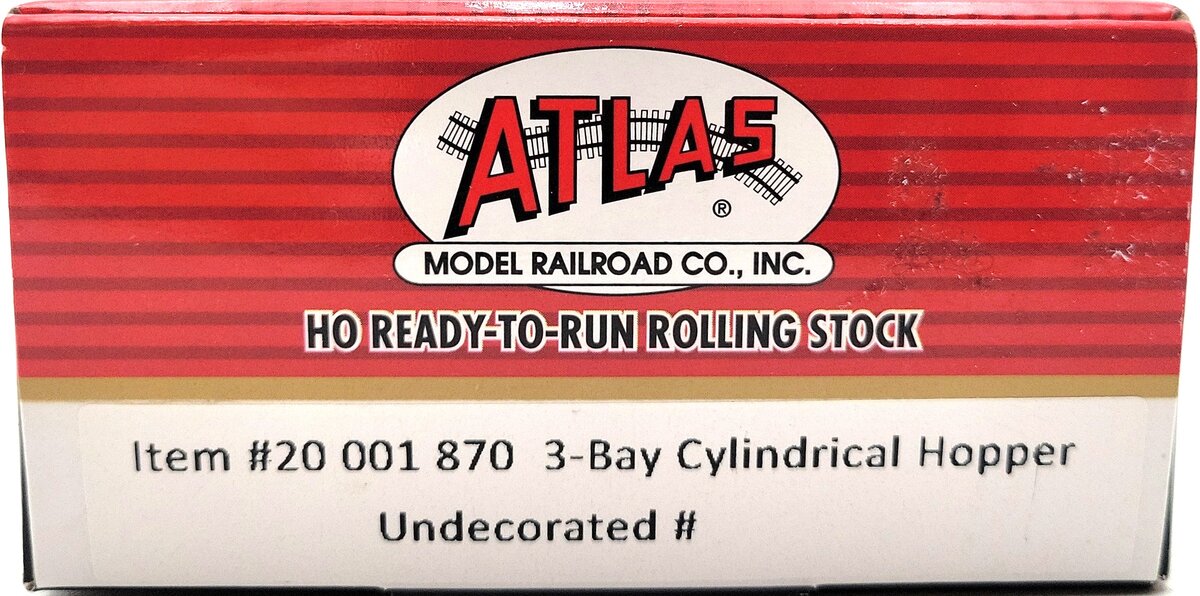 Atlas 20001870 HO Undecorated 3-Bay Cylindrical Hopper MT/Box