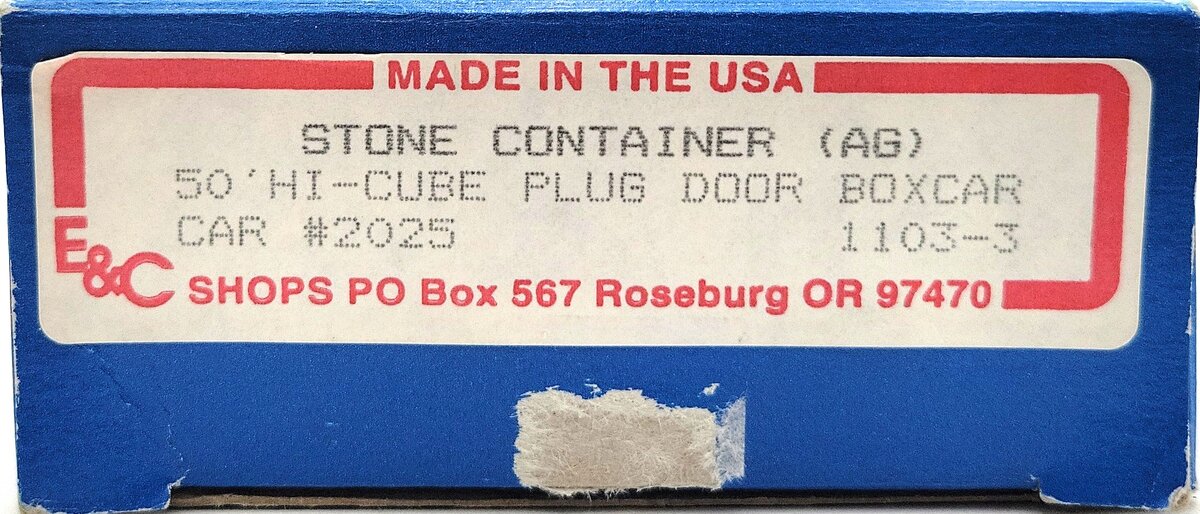 E&C Shops 1103-3 HO Stone Container 50' High Cube Plug Door Boxcar #2025 LN/Box