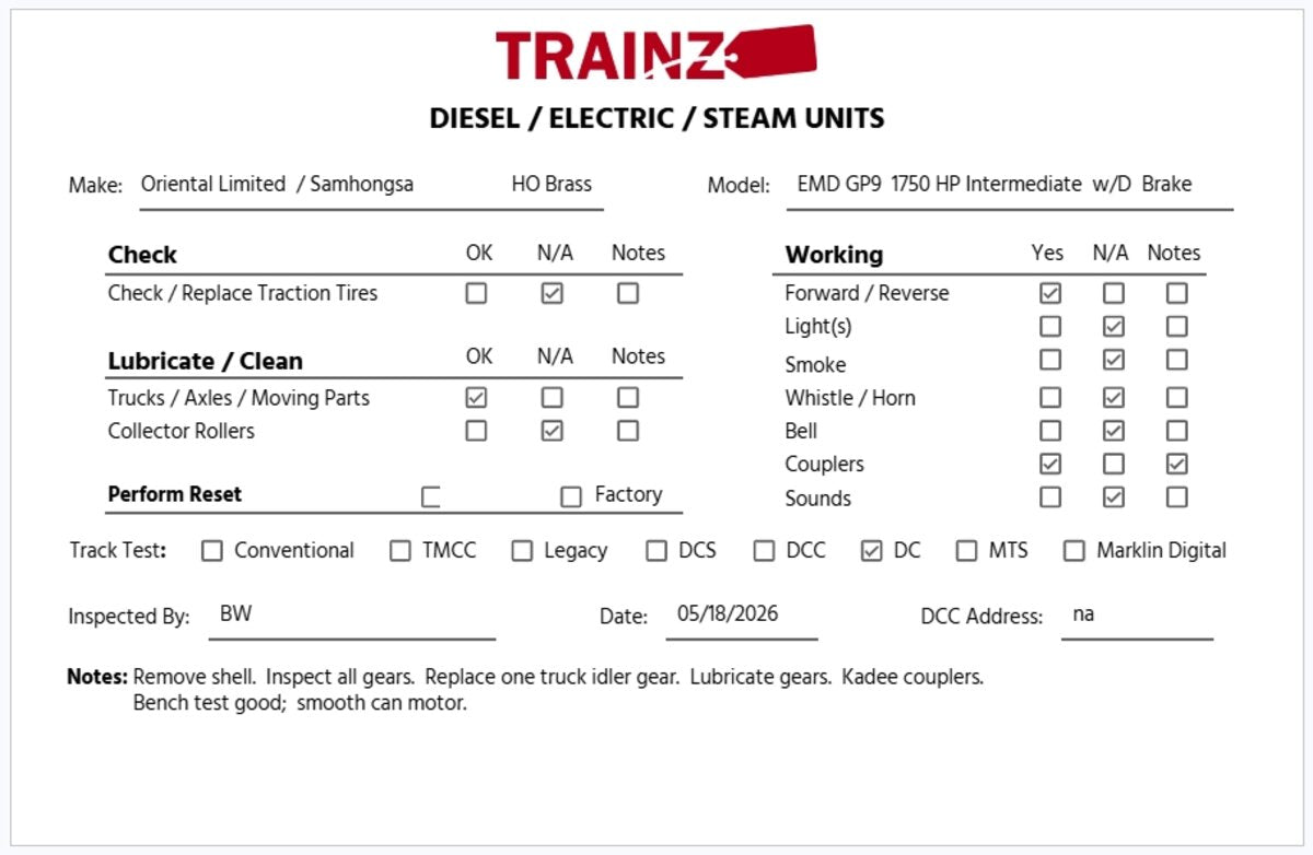 Oriental Limited BRASS HO EMD GP9 1750HP Diesel Loco Intermediate -Dynamic Brake EX/Box