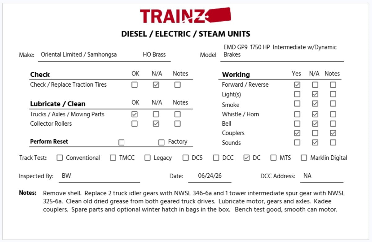Oriental Limited BRASS HO EMD GP9 1750HP Diesel Loco Intermediate -Dynamic Brake EX/Box