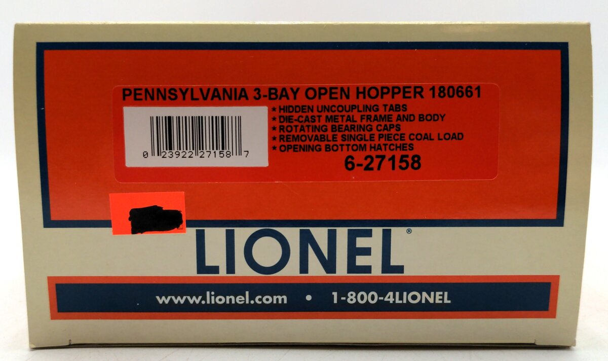 Lionel 6-27158 O Scale Pennsylvania 3 Bay Open Hopper #180661 NIB