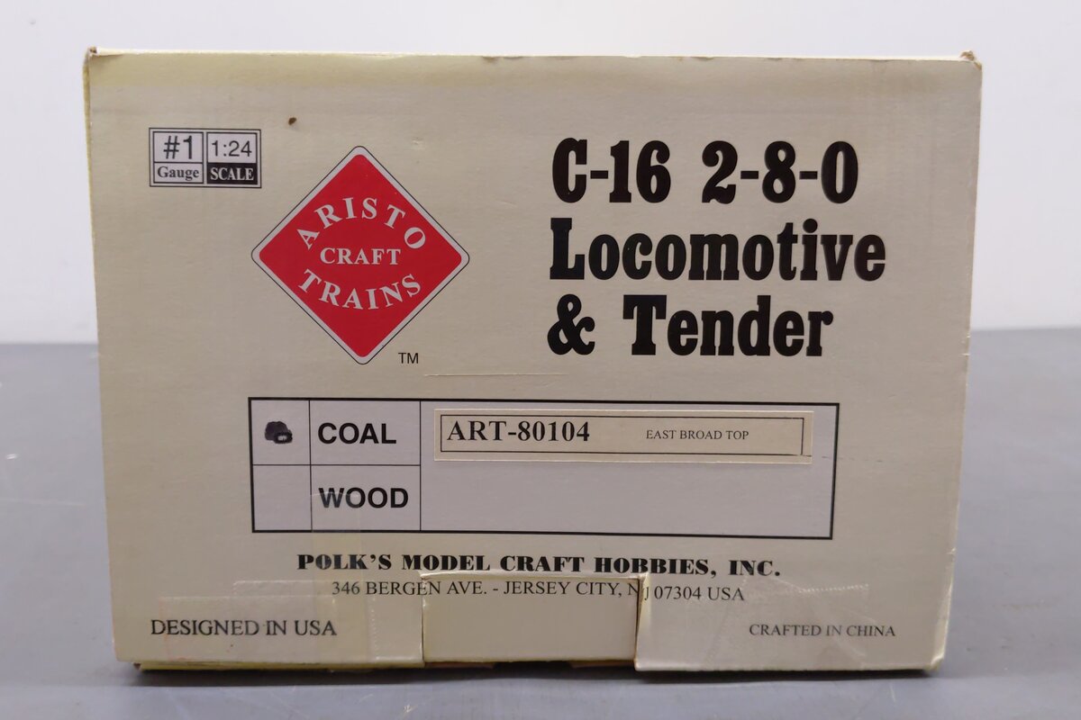 Aristo-Craft 80104 East Broad Top C-16 2-8-0 Steam Locomotive & Tender #25 EX/Box