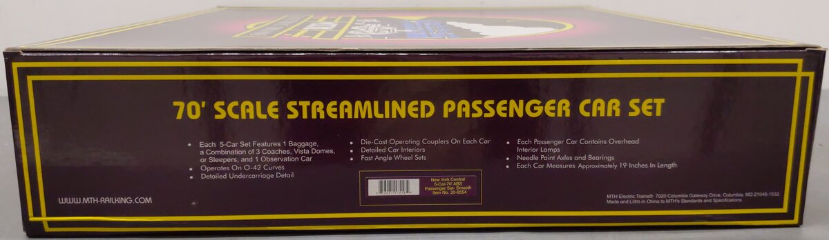 MTH 20-6554 O New York Central 70' Streamlined Passenger Car Set LN/Box