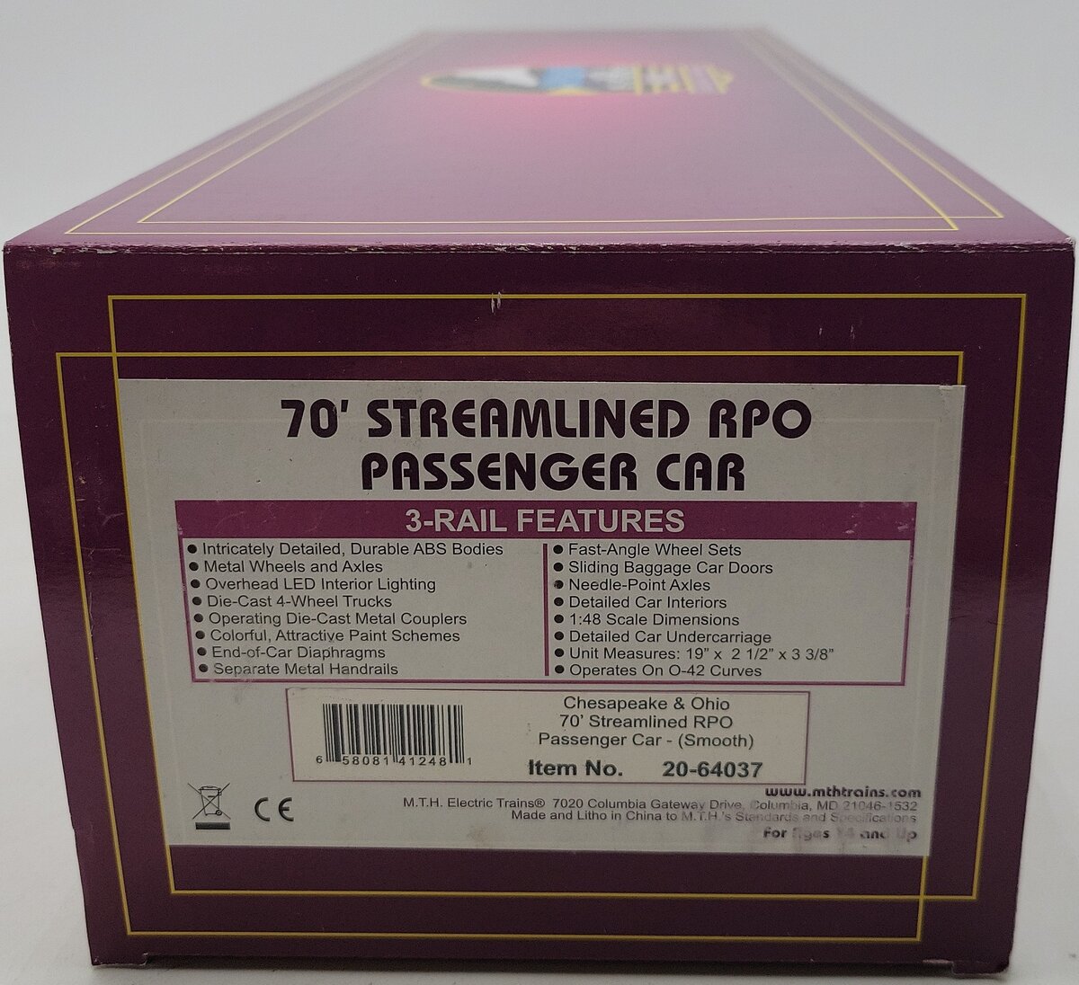 MTH 20-64037 O Gauge Chesapeake & Ohio 70' Streamlined RPO Passenger Car #1311 LN/Box