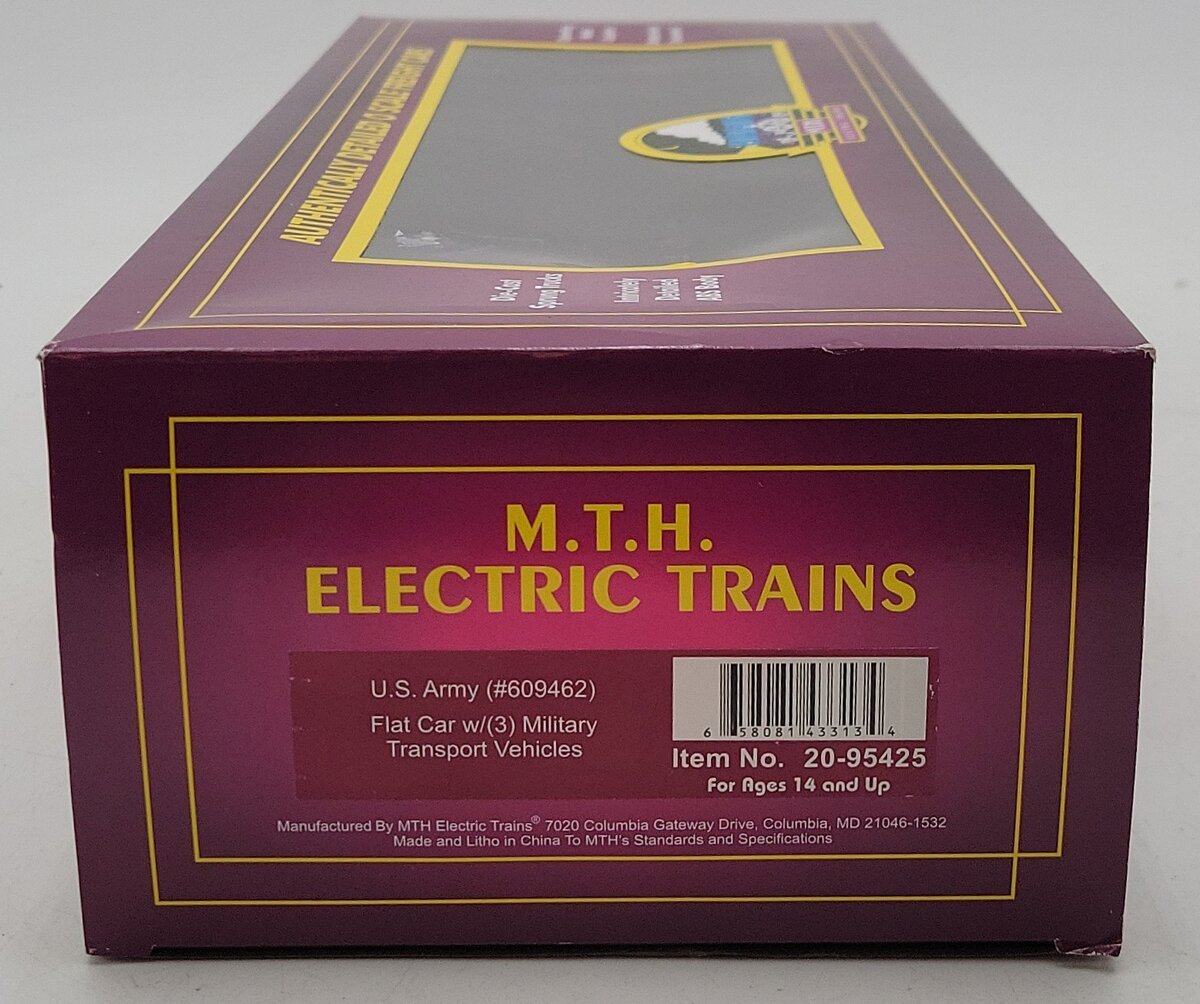 MTH 20-95425 O U.S. Army Flatcar w/(3) Military Transport Vehicles #609460 NIB