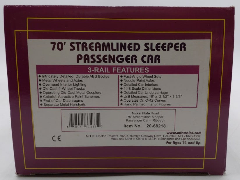 MTH 20-68218 O Gauge Nickel Plate Road 70' Streamlined Sleeper Car VG/Box