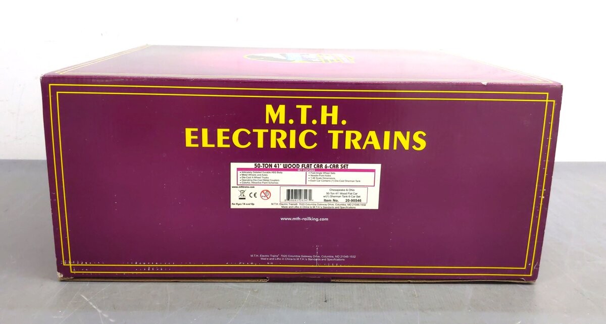MTH 20-90546 O Gauge C&O 50-Ton 41' Wood Flat Car w/ Sherman Tank 6-Car Set EX/Box
