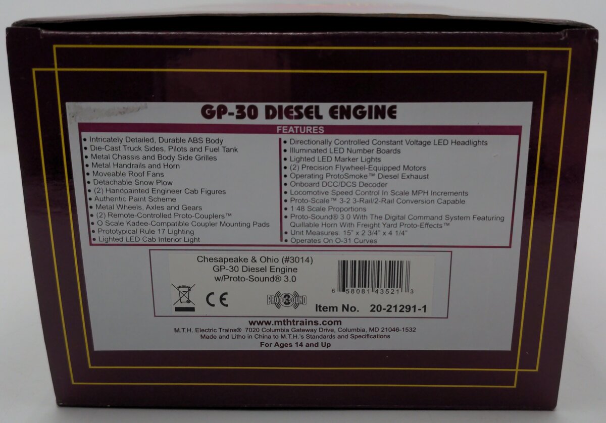 M.T.H 20-21291-1 O Gauge Chesapeake & Ohio #3014 GP-30 Diesel Engine EX/Box