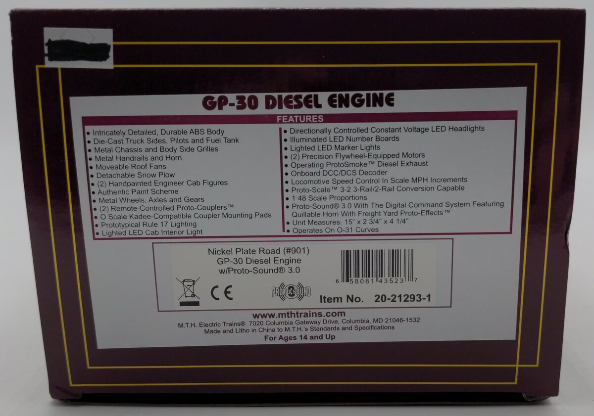 M.T.H 20-21293-1 O Scale Nickel Plate Road (#901) GP-30 Diesel Engine W/ P.S 3.0 EX/Box