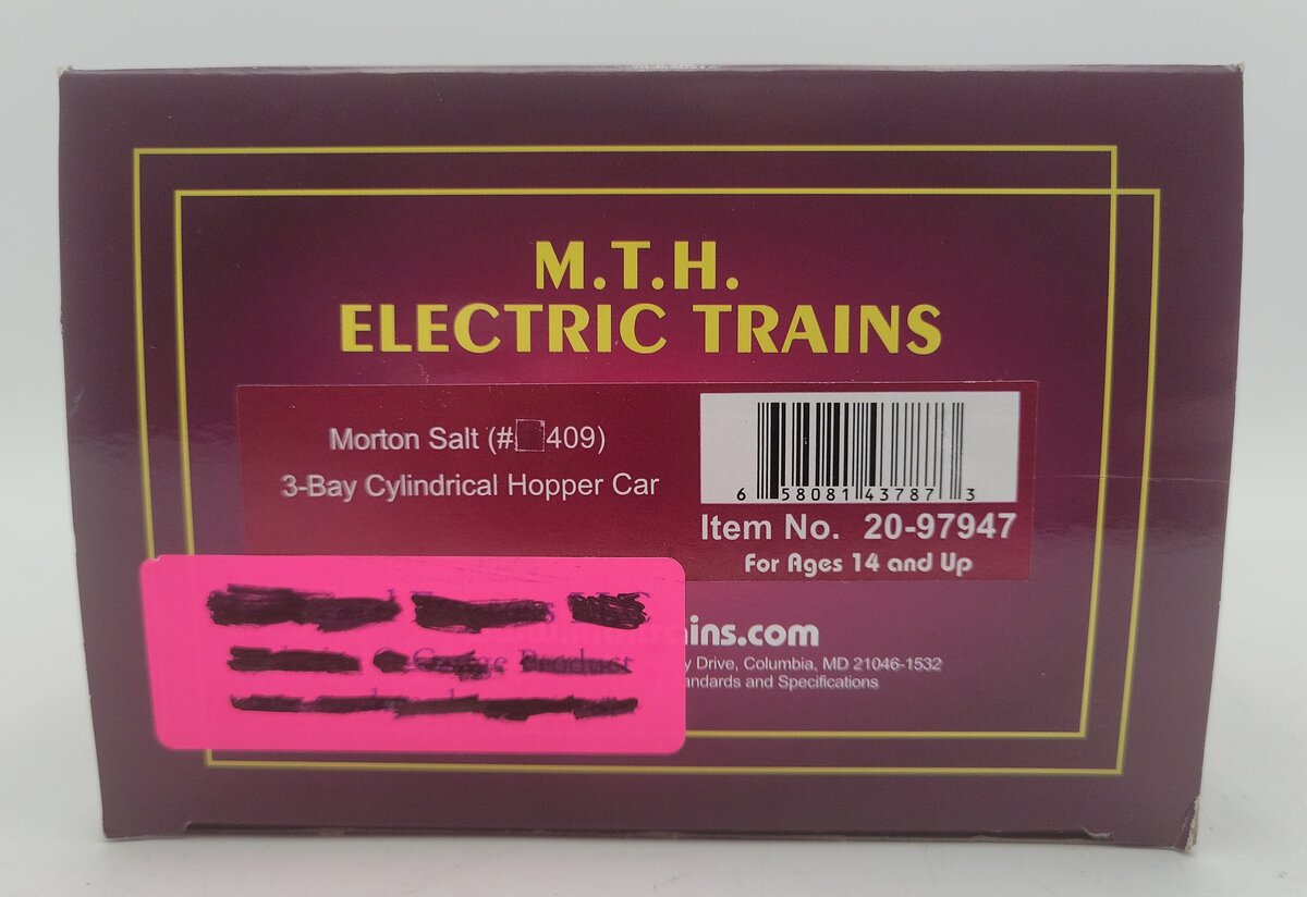 MTH 20-97947 O Gauge Morton Salt 3-Bay Cylindrical Hopper Car #409 LN/Box