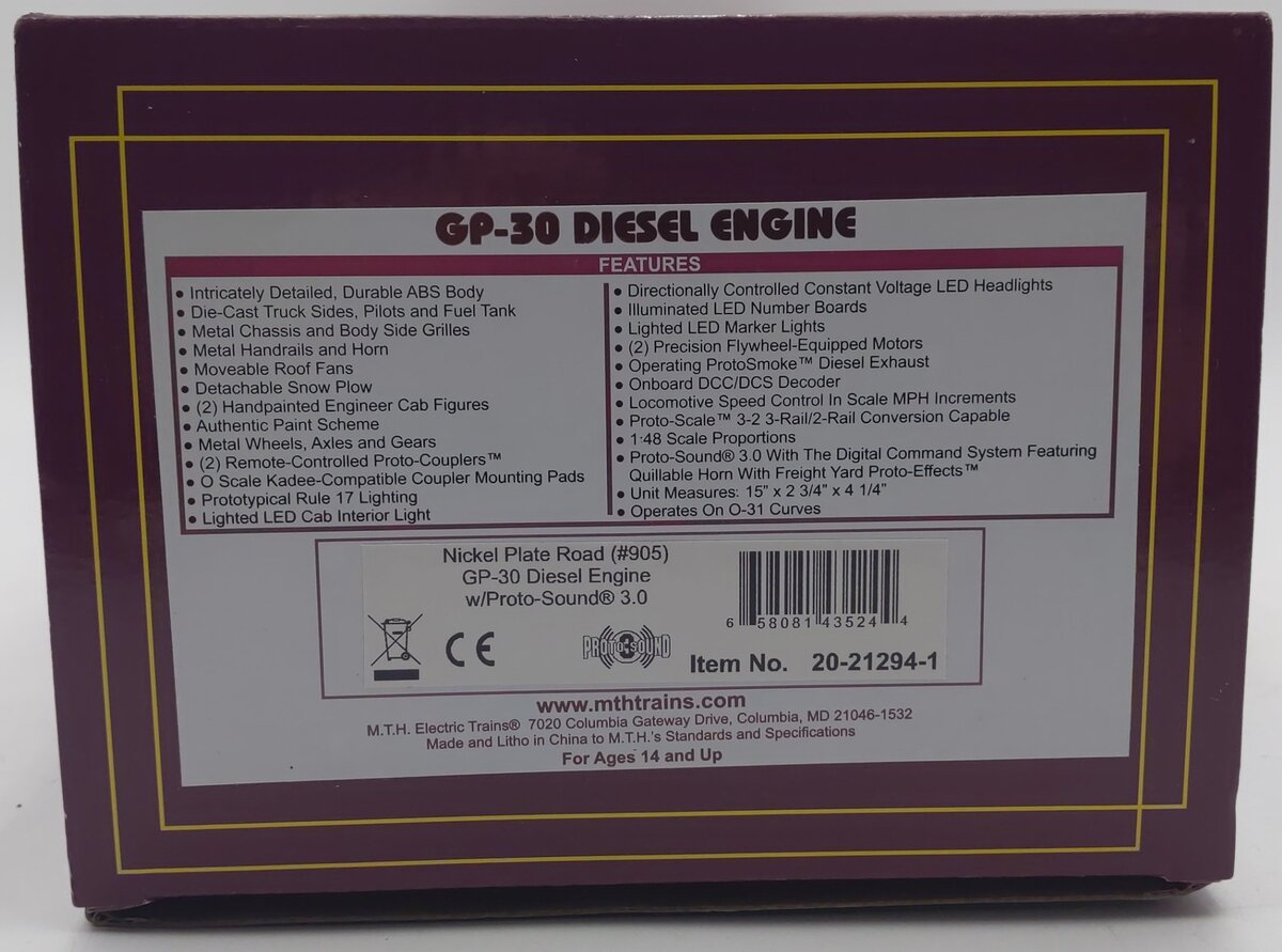 M.T.H 20-21294-1 O Scale Nickel Plate Road (#905) GP-30 Diesel Engine W/ P.S 3.0 EX/Box