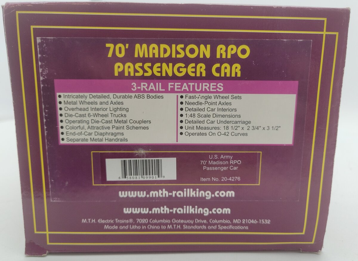 MTH 20-4276 U.S. Army 70- Madison RPO Car #1107 LN/Box