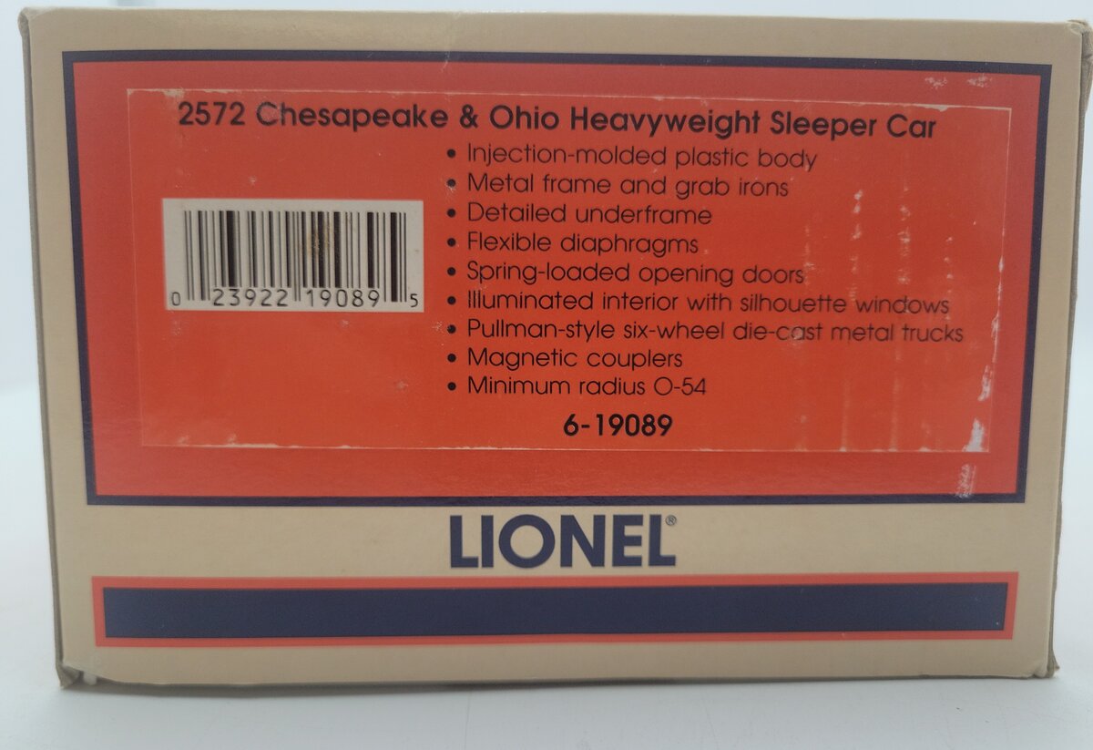 Lionel 6-19089 O Chesapeake & Ohio Heavyweight Passenger Car #2572 EX/Box