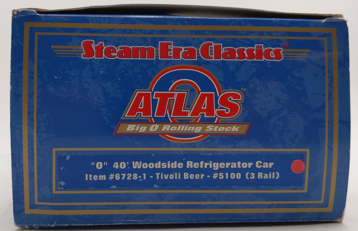 Atlas 6728-1 O Gauge Tivoli Beer 40' Woodside Refrigerator Car #5100 (3 Rail) NIB