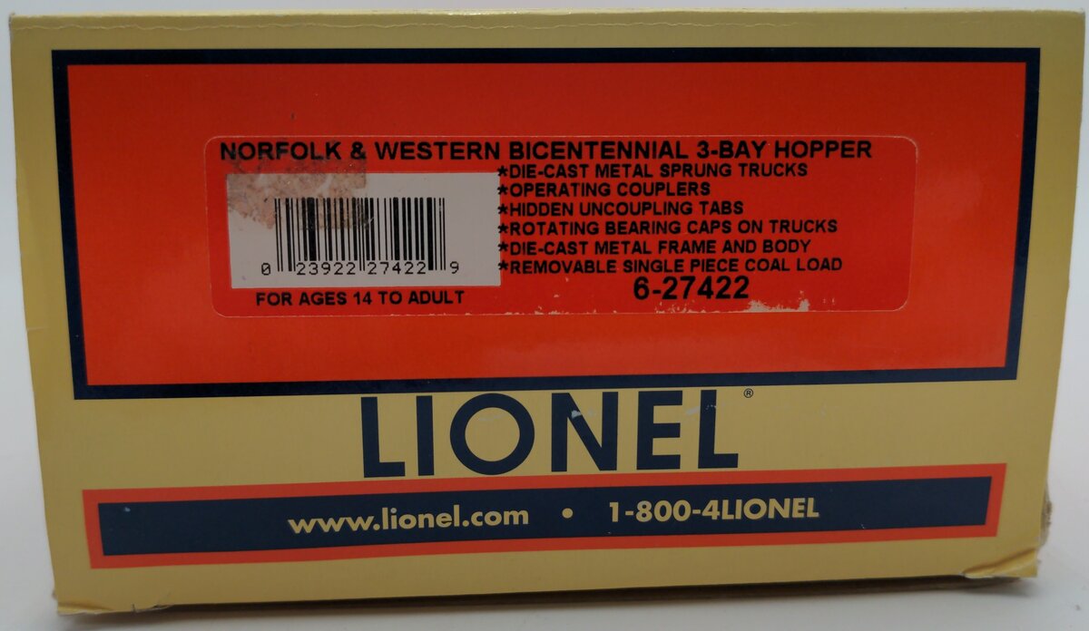 Lionel 6-27422 Norfolk & Western 3-Bay Open Hopper EX/Box