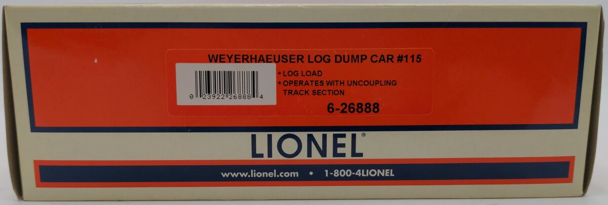 Lionel 6-26888 O Gauge Weyerhaeuser Log Dump Car #115 EX/Box