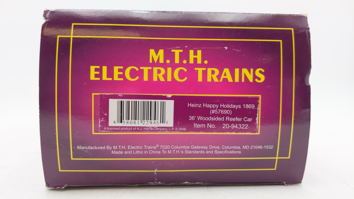 MTH 20-94322 Heinz Happy Holidays 1869 36'' Woodsided Reefer Car #57690 LN/Box