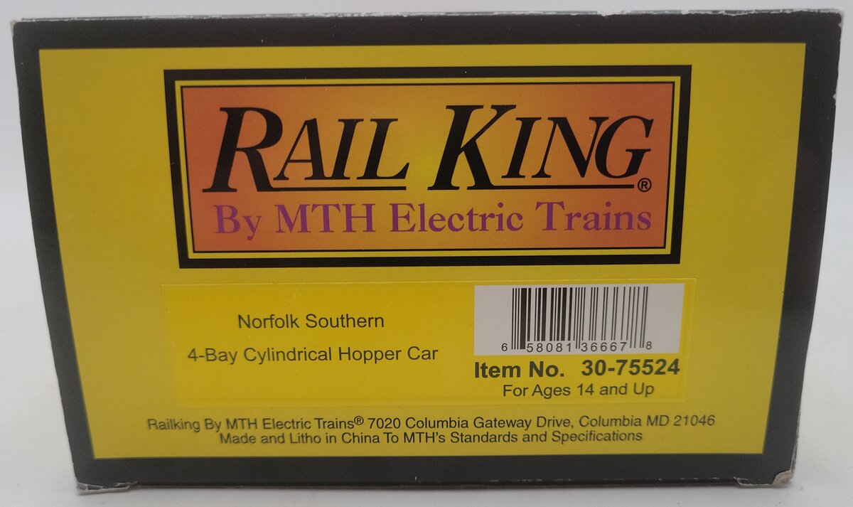MTH 30-75524 O Norfolk Southern RailKing 4-Bay Cylindrical Hopper Car #296678 EX/Box