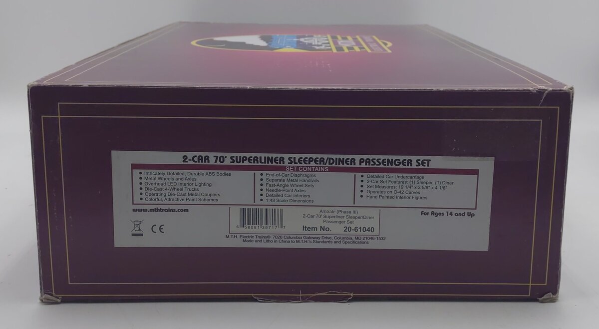 MTH 20-61040 O Amtrak 70' Superliner Phase III Sleeper/Cafe Set (Set of 2) EX/Box