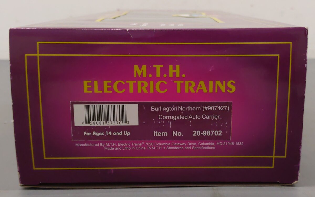 MTH 20-98702 O Gauge Burlington Northern Corrugated Auto Carrier #907427 EX/Box