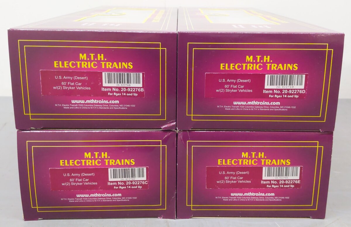 MTH 20-92276 O Gauge U.S. Army 4-Car 60' Flat Car Set w/(2) Stryker Vehicles LN/Box