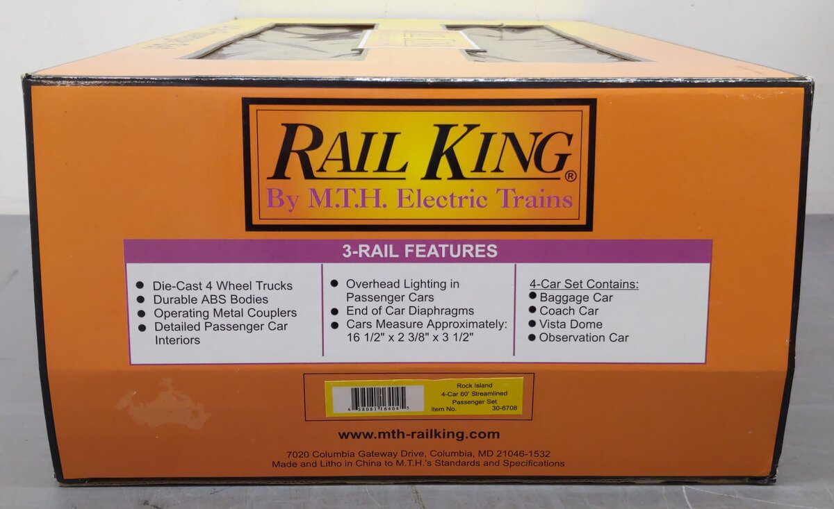 MTH 30-6708 O Rock Island 60' Streamlined Smooth Sided Passenger Set (Set of 4) LN/Box